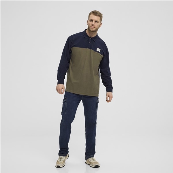 North 56Denim polo lange mouw borstzak, navy/olive